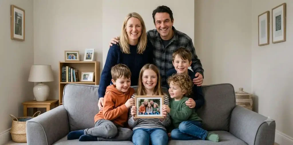 Family smiling together for a natural indoor portrait