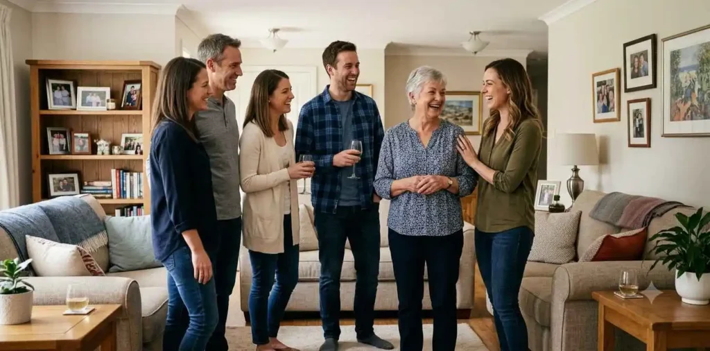 Mother-in-law smiling with family during reunion