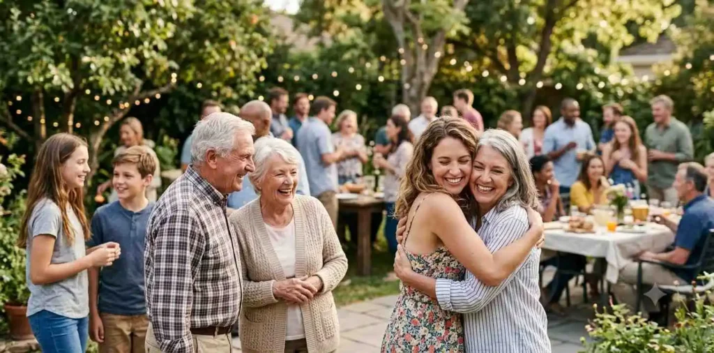 Relatives hugging during a joyful family reunion