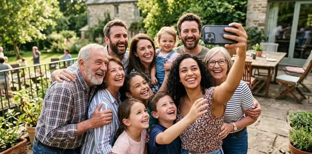 Family smiling together during a reunion selfie