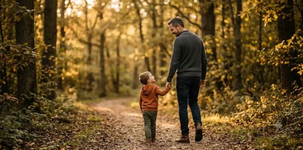 Father walking hand in hand with young child