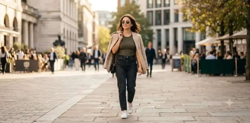 Confident woman walking alone through the city
