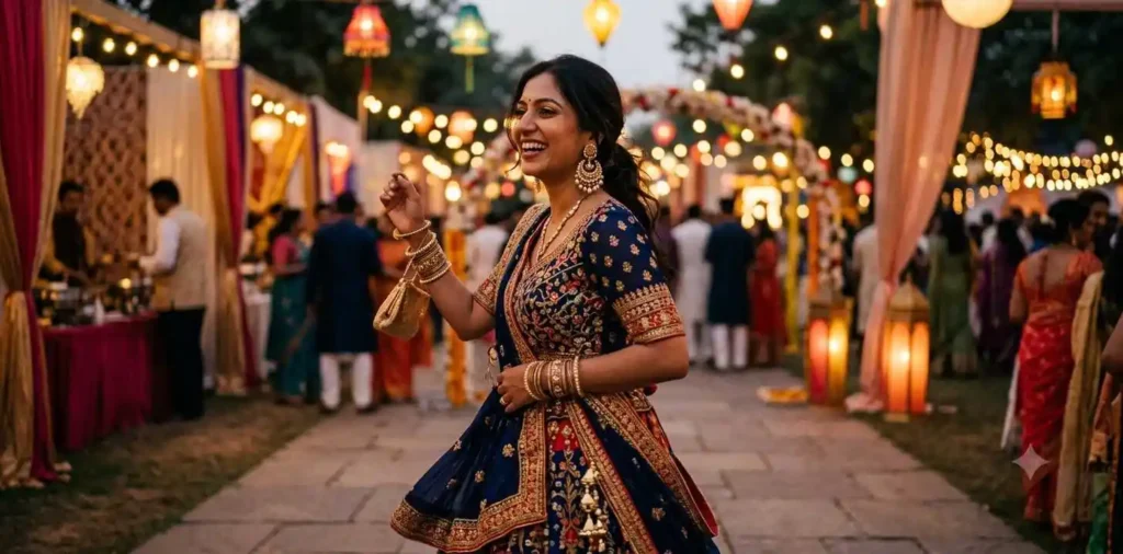 Woman wearing festive outfit with jhumkas