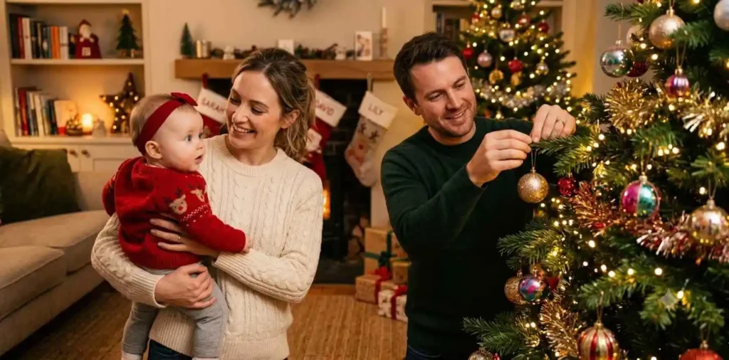 Family celebrating Christmas with their baby
