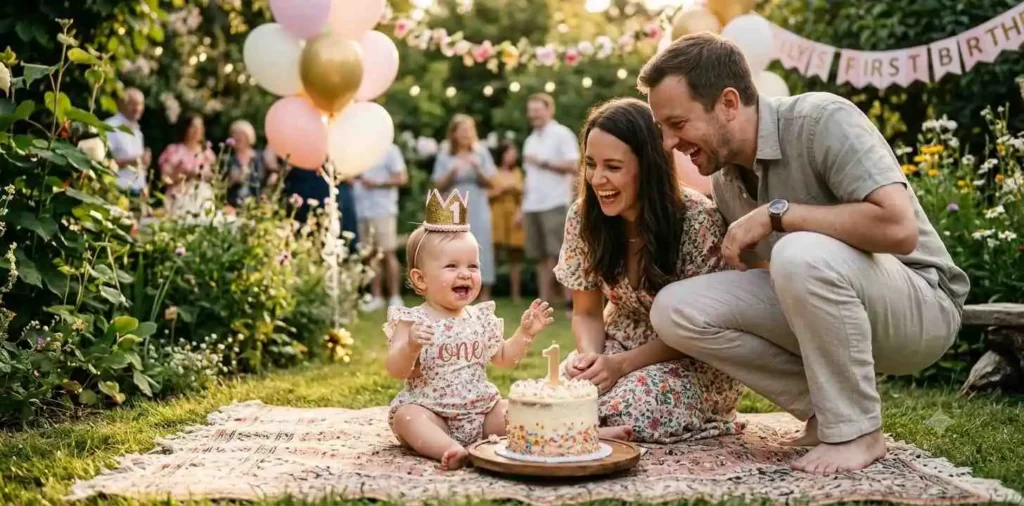 Baby celebrating first birthday with parents