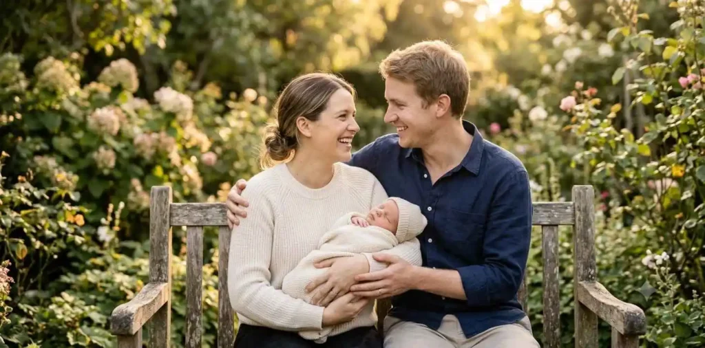 New parents posing with their newborn baby