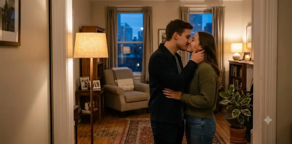 Couple sharing a tender first kiss indoors