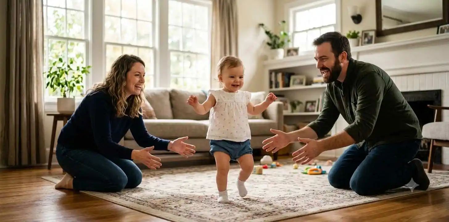 Toddler taking first steps toward smiling parents