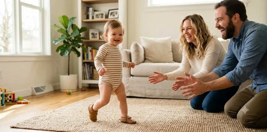 Toddler taking first steps toward smiling parents