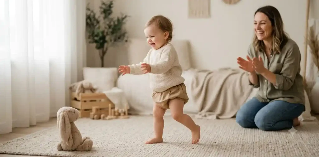 Toddler taking steps during milestone photoshoot