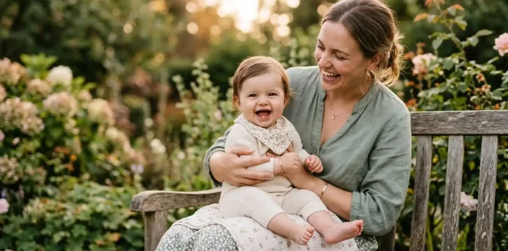 Smiling baby showing first tiny tooth
