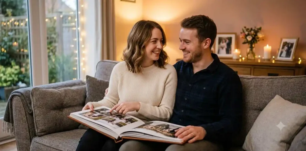 Couple celebrating their first wedding anniversary together