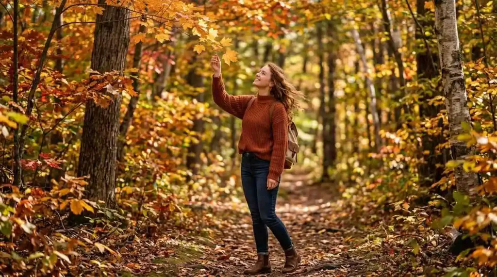 Woman admiring colorful autumn leaves in September