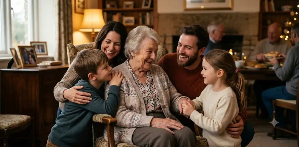 Family embracing during an emotional reunion moment