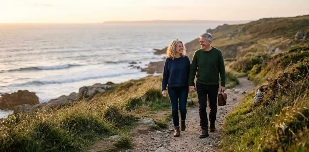Couple holding hands during a sunset walk