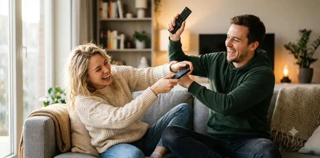 Siblings playfully arguing on a living room sofa