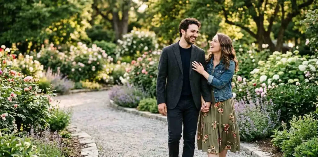 Engaged couple sharing a romantic outdoor moment