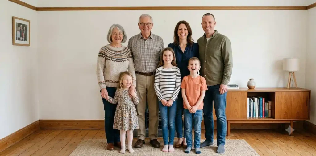 Three generations smiling together at home
