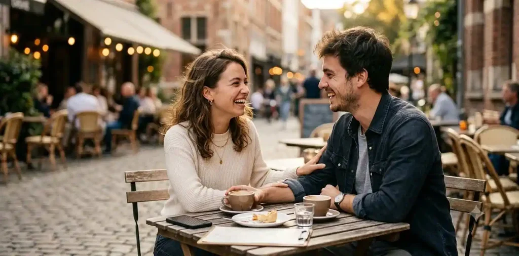 Couple laughing together at a cozy outdoor café