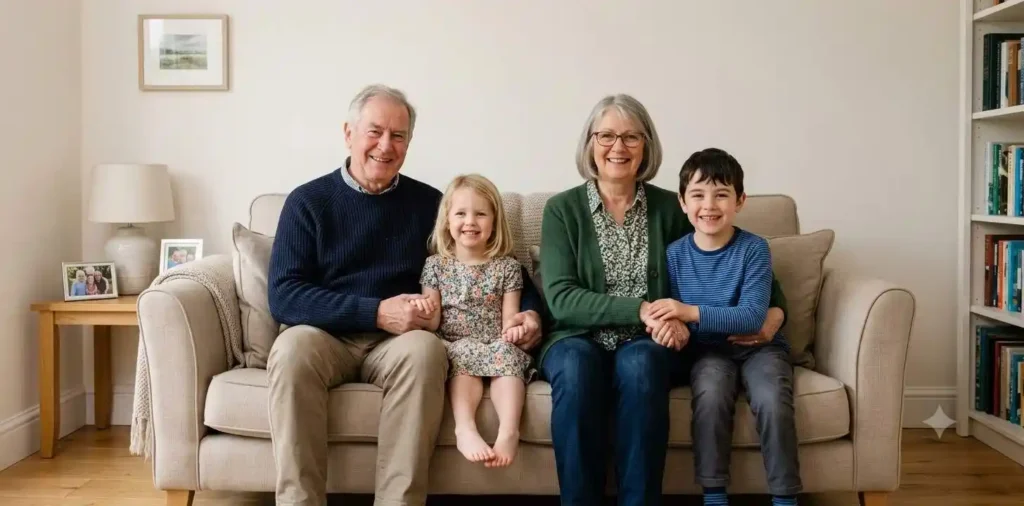Grandparents smiling with grandchildren indoors