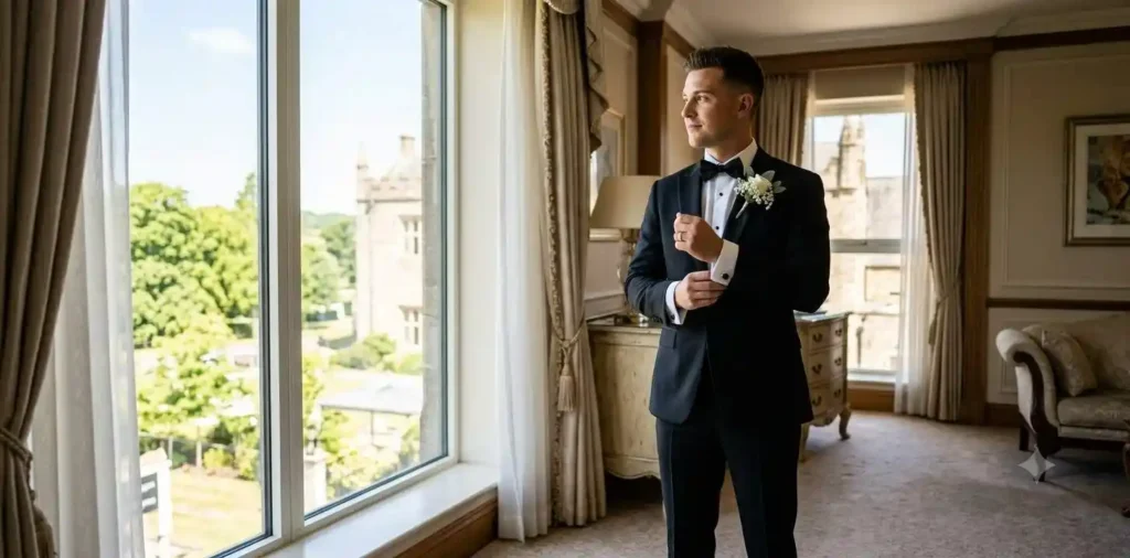 Groom adjusting tuxedo before wedding ceremony