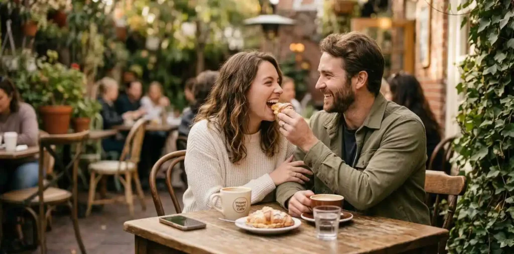 Happy couple laughing together at outdoor café