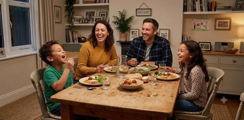 Happy family laughing together at home