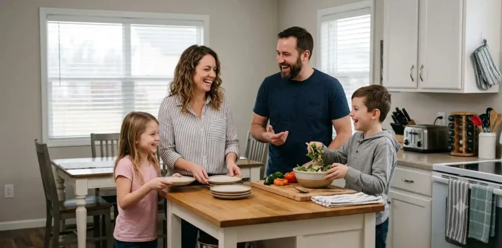 Family laughing together during a relaxed home gathering