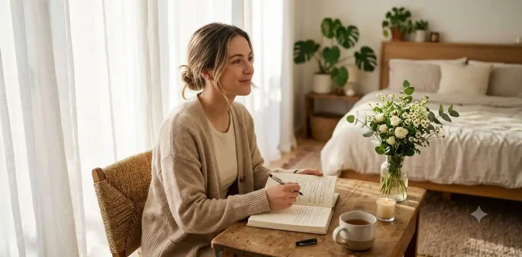 Woman journaling peacefully during emotional healing