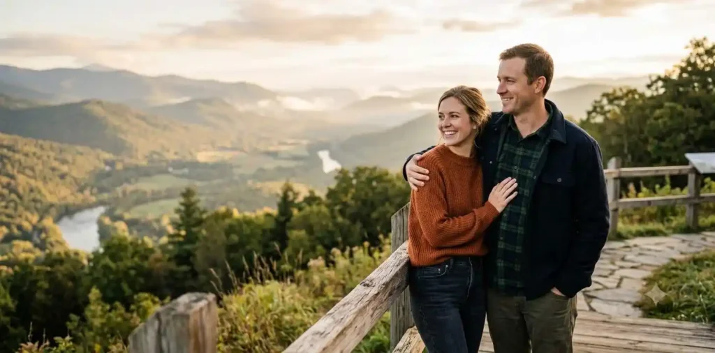 Couple reminiscing together beside a lake