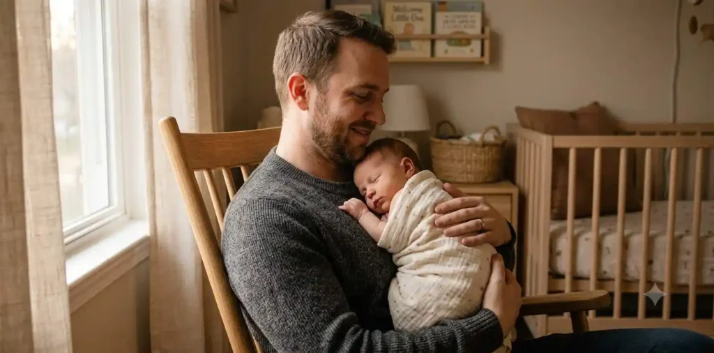 Father gently bonding with his newborn baby