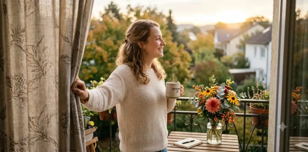 Woman welcoming September on a sunny morning
