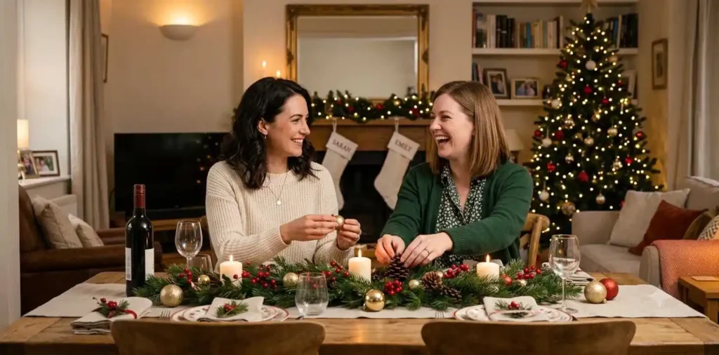 Sisters-in-law celebrating holiday together indoors