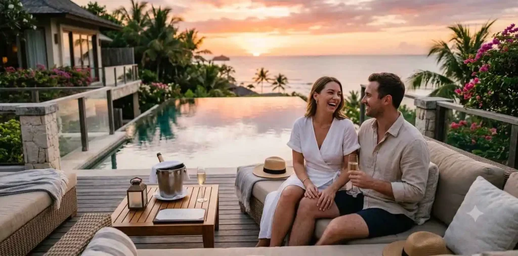 Newlywed couple relaxing beside tropical ocean