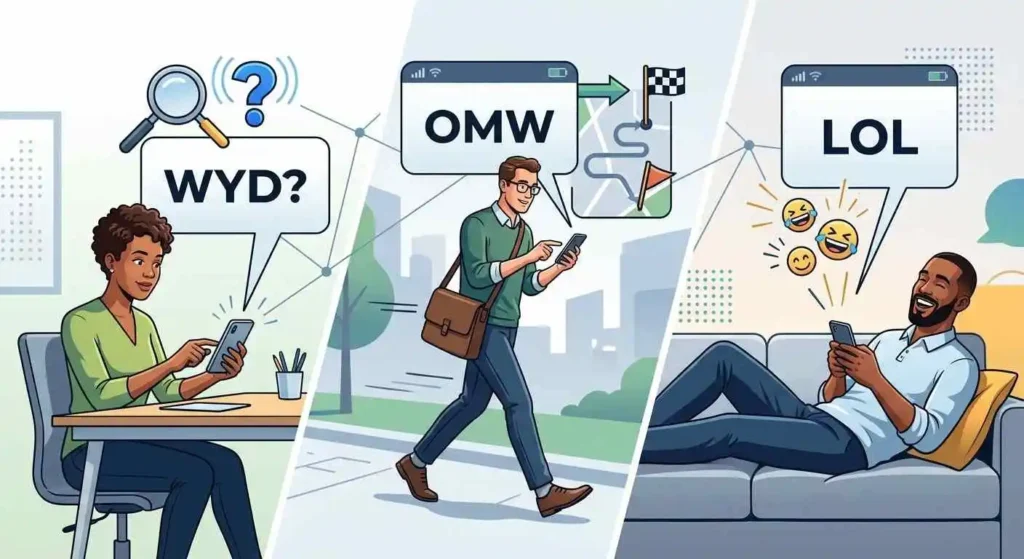 Different chat abbreviations used for questions, updates, and reactions in digital conversations.