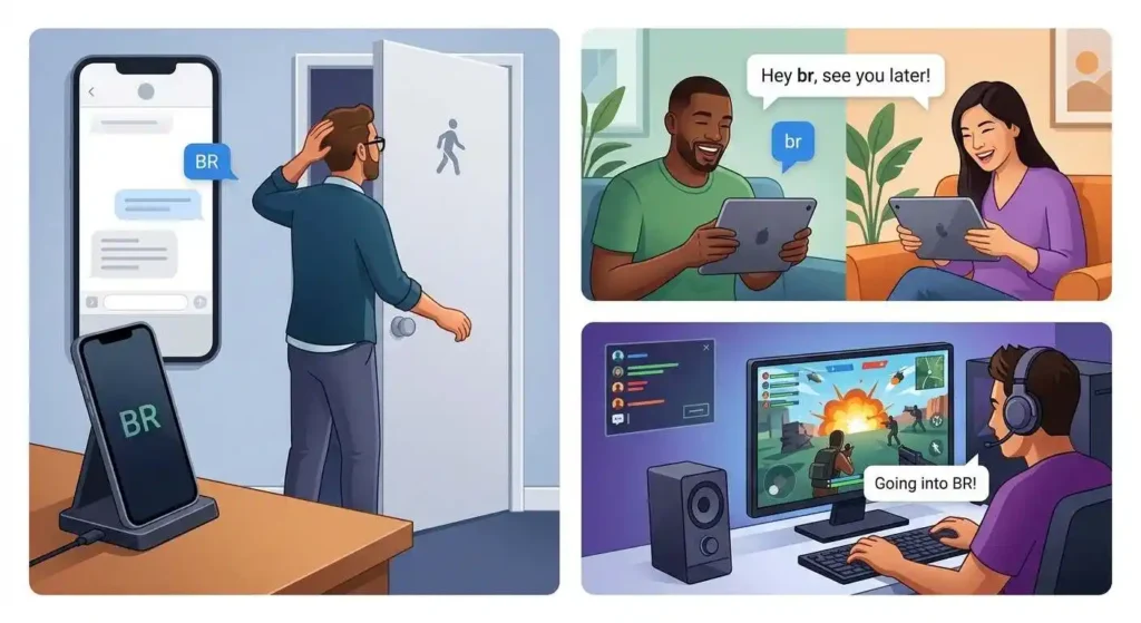 Different casual contexts showing BR as a texting abbreviation, bro, and battle royale.