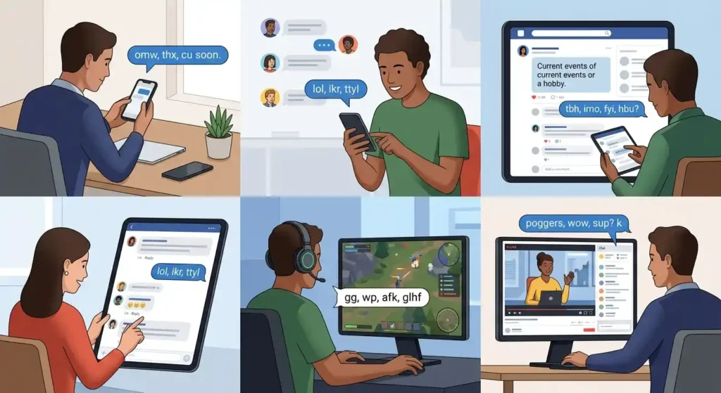 Adults using chat slang across texts, group chats, social media, gaming, and livestreams.