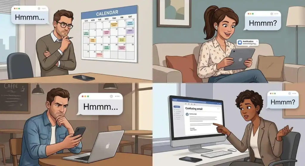 Different adult conversations showing hmmm as thought, curiosity, doubt, and hesitation.