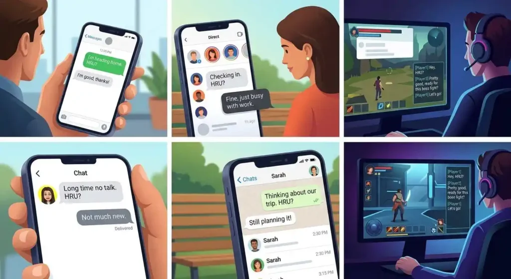 Examples of HRU used in text messages, DMs, social chats, and gaming conversations.