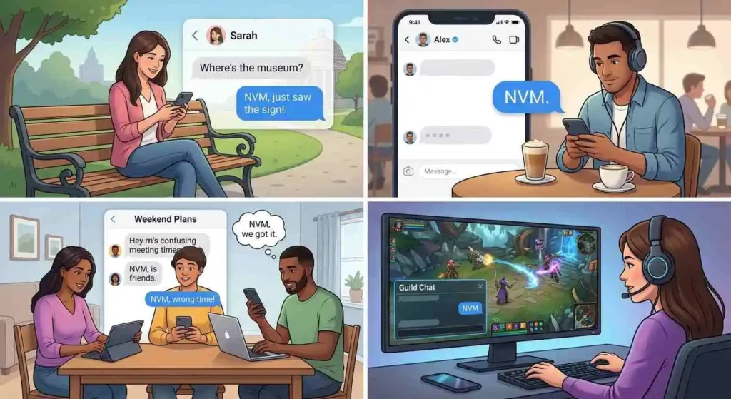 Adults using NVM in text messages, DMs, group chats, and gaming conversations.