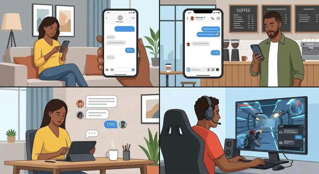 Different adult digital communication settings showing TTYL in texts, DMs, group chats, and gaming chats.