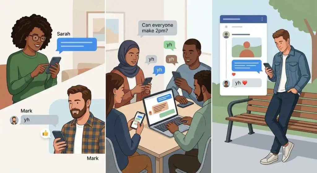 Different casual messaging situations showing YH used for confirmation and agreement.