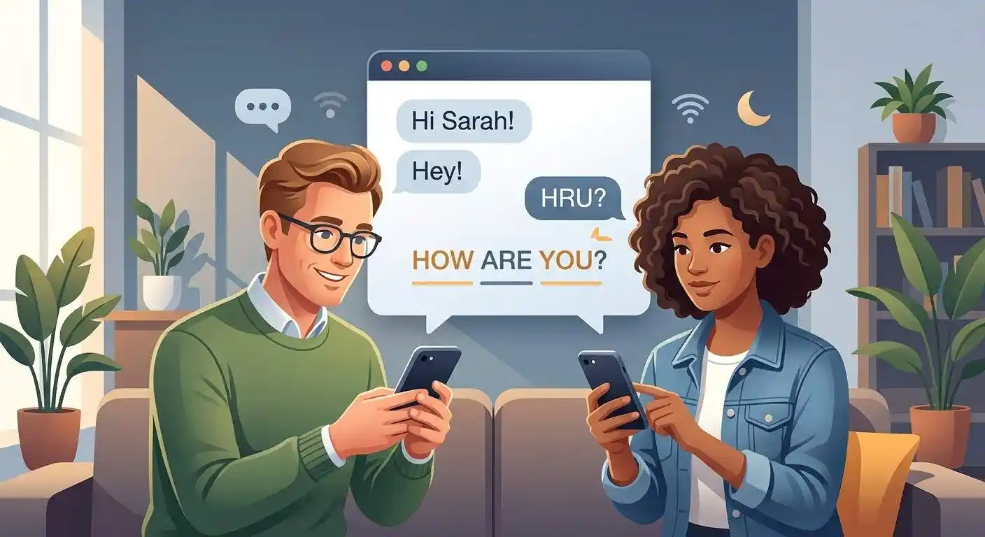 A casual text conversation showing HRU as an abbreviation for “How are you?”