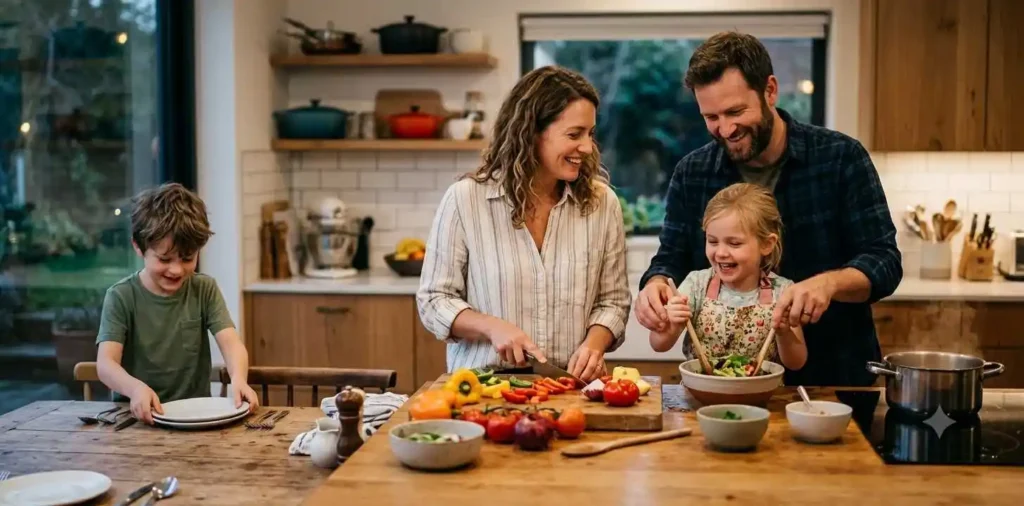 Family cooking dinner together at home