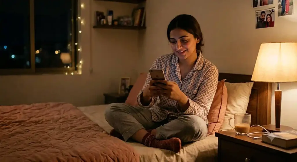 Couple smiling during a late night message chatting 