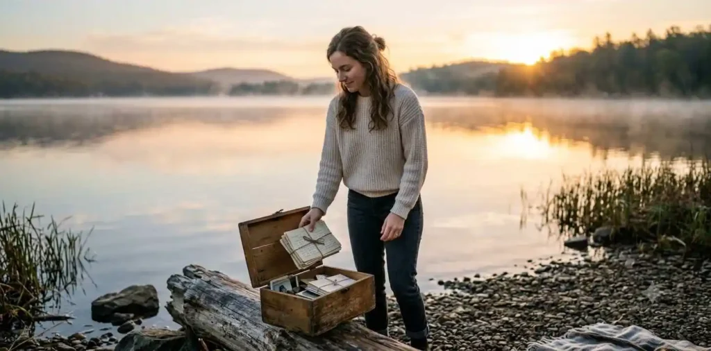 Woman releasing old letters beside the ocean