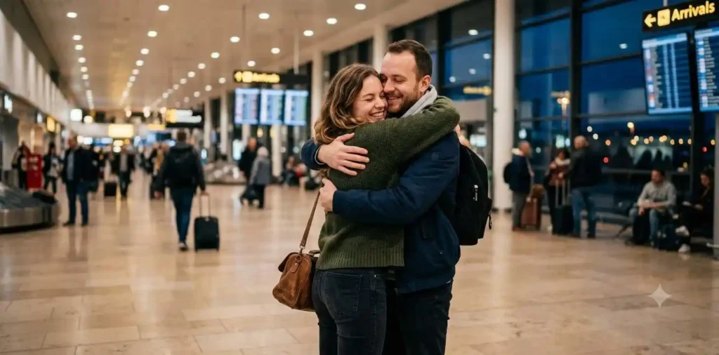 Couple embracing during an emotional airport reunion