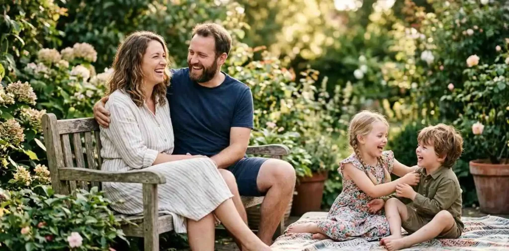 Family laughing together in backyard