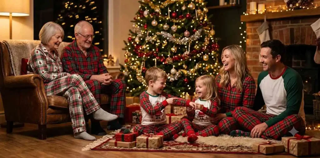 Family wearing matching pajamas beside Christmas tree