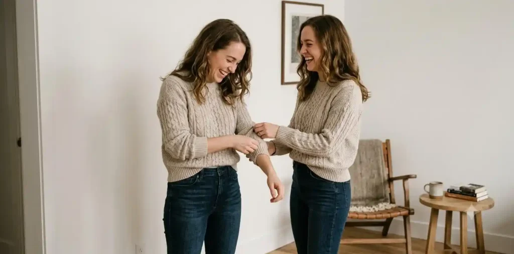 Twin sisters wearing matching outfits at home